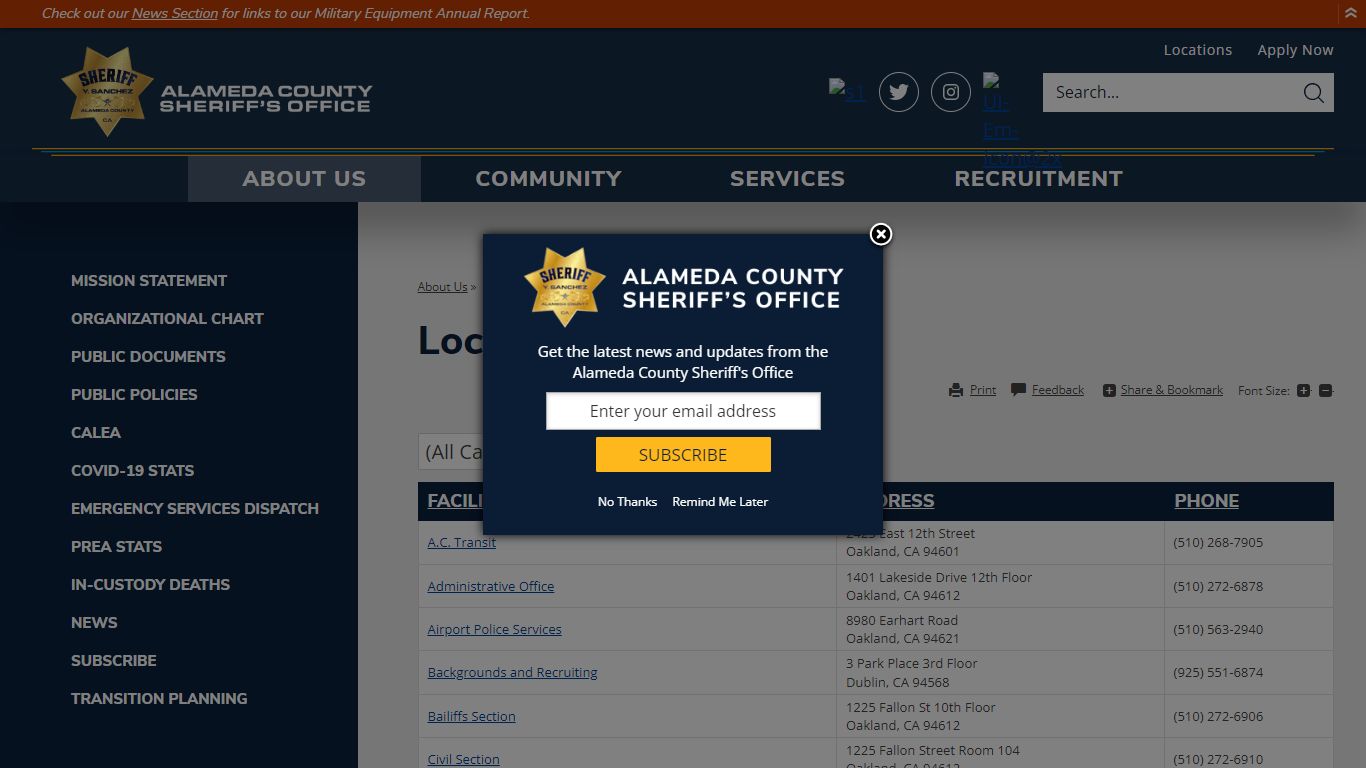 Locations | Alameda County Sheriff's Office, CA